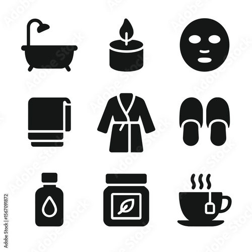 Self-Care Essentials Icons. Solid, filled icon set of self-care spa day essentials: bath tub, scented candle, face mask, towel,