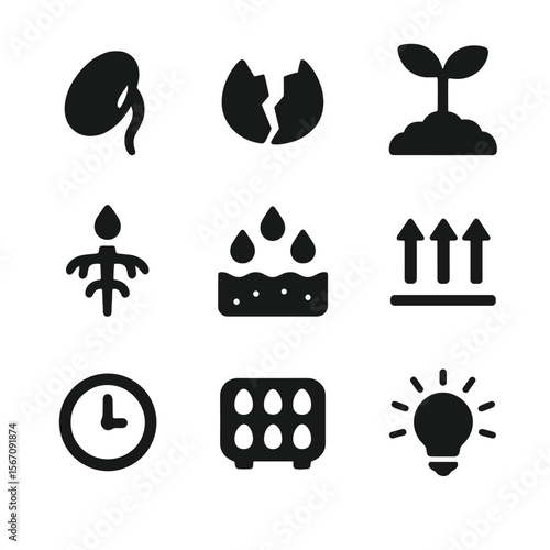 Seed Germination Icons. Solid, filled icon set of seed germination: sprouting seed, cracked seed shell, seedling emerging, root