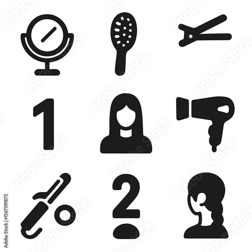 Hairstyle Icons Guide. Solid, filled icons set of hairstyle step-by-step guide poster: mirror icon, brush,