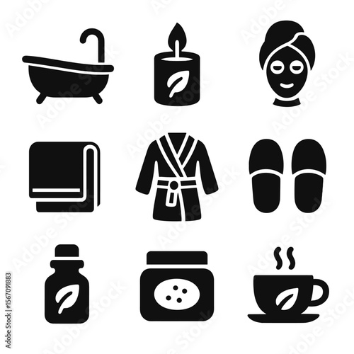 Self-Care Essentials Icons. Solid, filled icon set of self-care spa day essentials: bath tub, scented candle, face mask, towel,