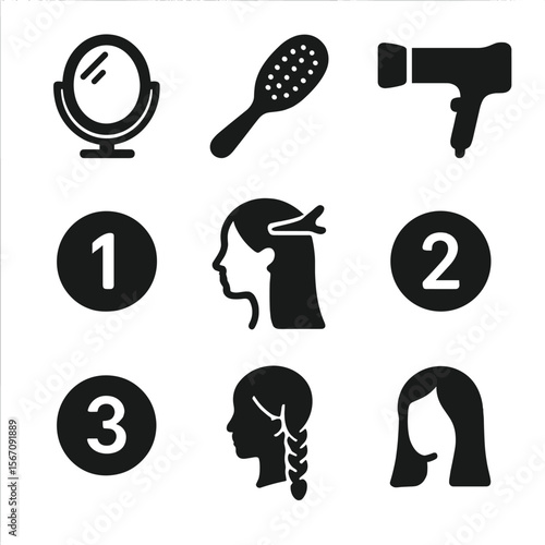 Hairstyle Icons Guide. Solid, filled icons set of hairstyle step-by-step guide poster: mirror icon, brush,