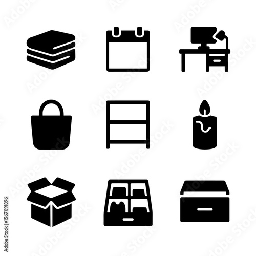 Minimalist Icon Set. Solid, filled icon set of minimalist lifestyle: folded clothes, blank calendar, clean desk, essential bag,