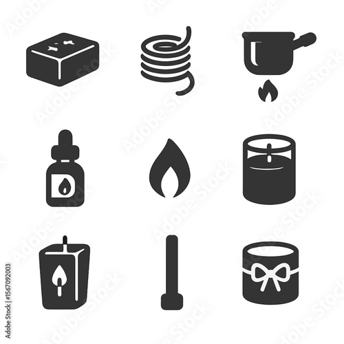 Handmade Candle Icons. Solid, filled icons set of handmade candles: wax block, wick roll, melting pot, scented