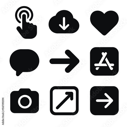 Mobile App Icons Grid. Solid, filled icon set of mobile app CTAs: tap finger, install cloud, heart icon, message bubble, swipe