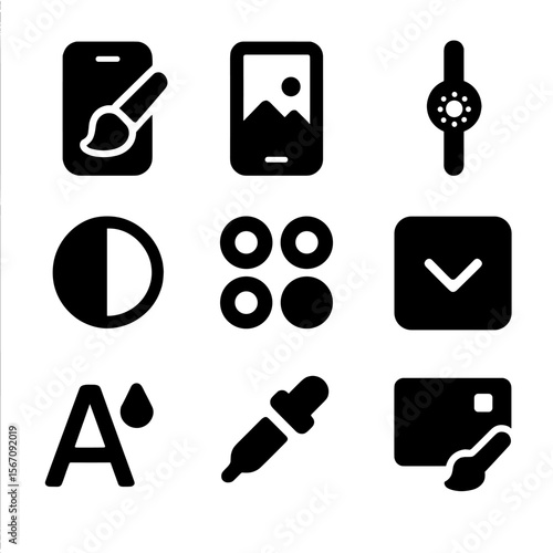Mobile Customization Icons. Solid, filled icon set of mobile color customization: app theme icon, wallpaper editor, brightness