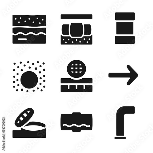 Sewer System Icons. Solid, filled icon set of sewer system cross-section elements: soil layers, groundwater table, pipe bedding,