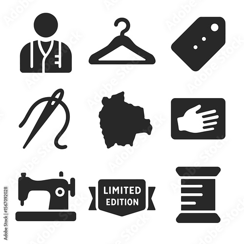 Handmade Fashion Icons. Solid, filled icons set of local and handmade fashion: tailor icon, studio hanger,
