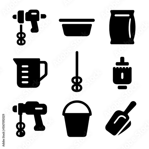 Mixing Tools Icon Set. Solid, filled icon set of tools for mixing plaster: power mixer, mixing tub, plaster bag, measuring jug,
