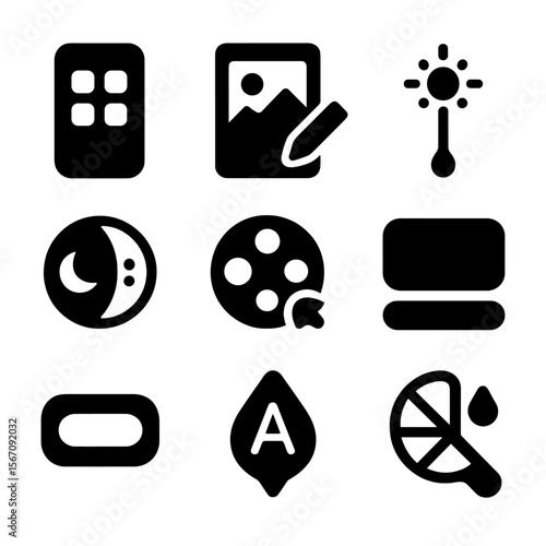 Mobile Customization Icons. Solid, filled icon set of mobile color customization: app theme icon, wallpaper editor, brightness
