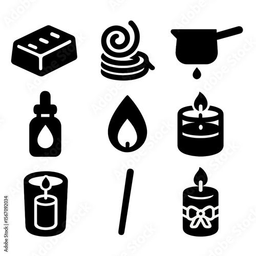 Handmade Candle Icons. Solid, filled icons set of handmade candles: wax block, wick roll, melting pot, scented