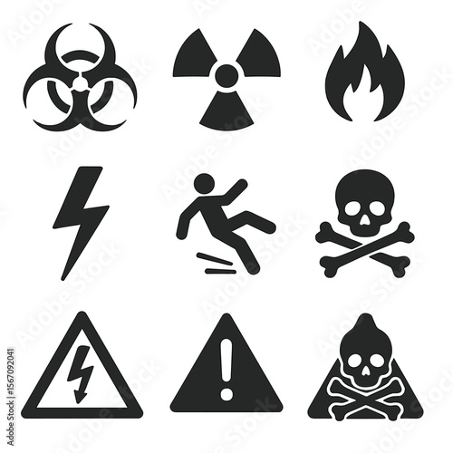 Hazard Symbols Grid. Solid, filled icons set of hazard and warning symbols: biohazard, radiation, flammable,