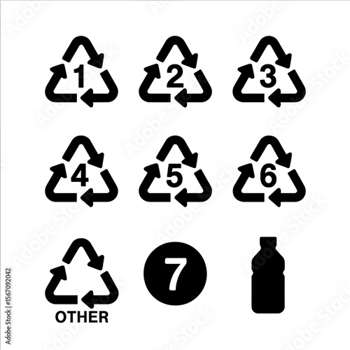 Plastic Code Icons. Solid, filled icon set of plastic identification codes: PETE triangle, HDPE triangle, PVC triangle, LDPE