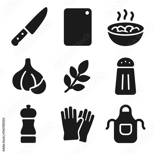 Shashlik Icon Set. Solid, filled icon set of shashlik preparation: cutting knife, chopping board, bowl with marinade, garlic,