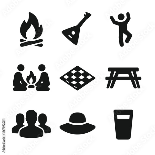 Shashlik Tradition Icons. Solid, filled icon set of shashlik traditions: campfire, folk music instrument, dancing, outdoor