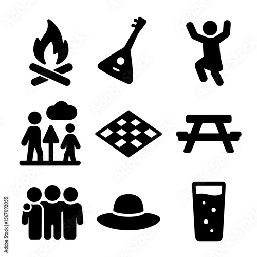 Shashlik Tradition Icons. Solid, filled icon set of shashlik traditions: campfire, folk music instrument, dancing, outdoor