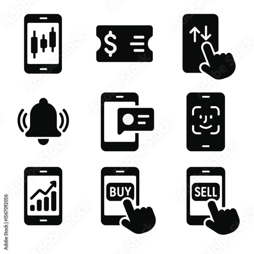 Mobile Trading Icons. Solid, filled icon set of mobile trading experience: smartphone screen, mobile ticker, swipe trade, instant