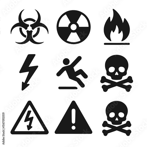 Hazard Symbols Grid. Solid, filled icons set of hazard and warning symbols: biohazard, radiation, flammable,