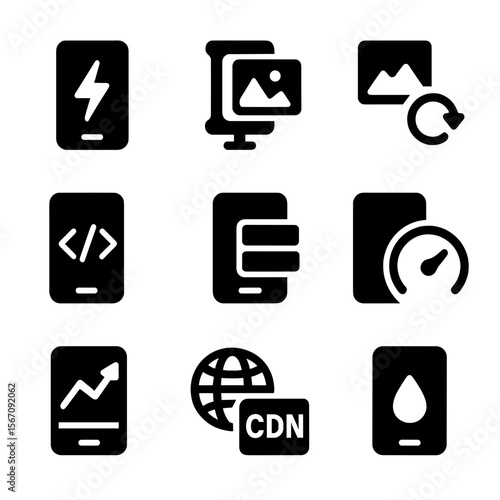 Mobile Optimization Icons. Solid, filled icon set of mobile performance optimization: fast load icon, compressed image, lazy