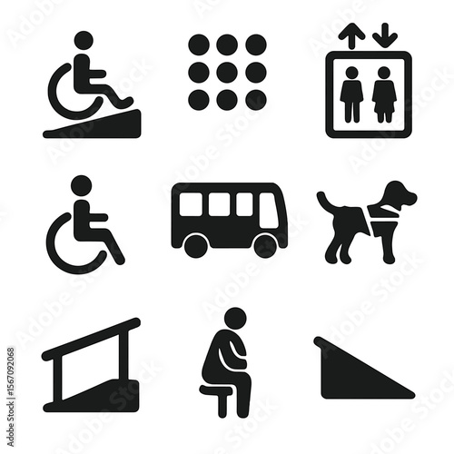 Mobility Accessibility Icons. Solid, filled icon set of mobility accessibility: wheelchair ramp, tactile paving, elevator,