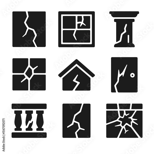 Shattered Architecture Icons. Solid, filled icon set of shattered architectural elements: cracked wall, broken window, fractured