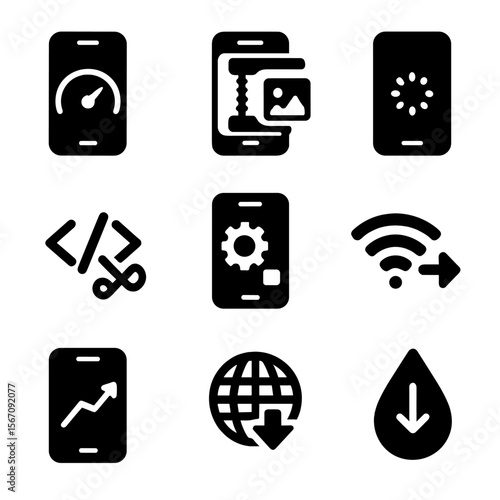 Mobile Optimization Icons. Solid, filled icon set of mobile performance optimization: fast load icon, compressed image, lazy
