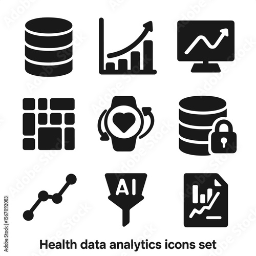 Health Data Icons. Solid, filled icons set of health data analytics: database icon, bar graph, predictive