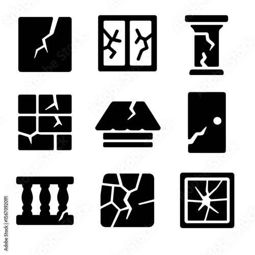 Shattered Architecture Icons. Solid, filled icon set of shattered architectural elements: cracked wall, broken window, fractured