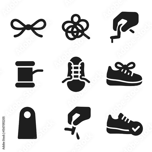 Shoe Lace Icon Set. Solid, filled icon set of shoe lace care and replacement: untied lace, tangled lace, lace repair, new lace