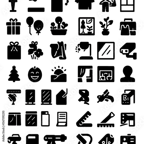 Shop Window Icons. Solid, filled icon set of shop window design elements: mannequin, spotlight, display shelf, promotional poster,