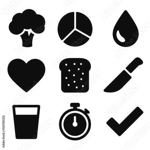 Healthy Meal Icons. Solid, filled icons set of healthy meal creation: vegetable icon, nutrition chart, olive
