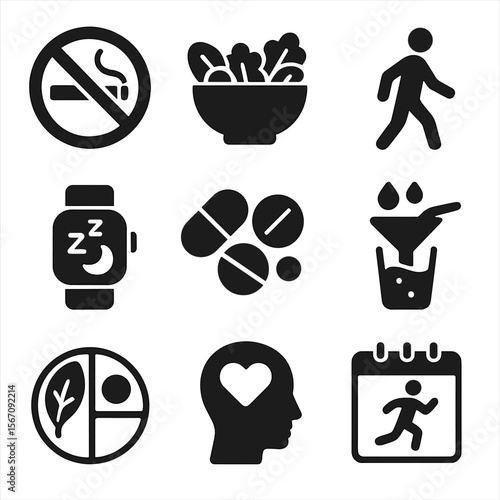Healthy Lifestyle Icons. Solid, filled icons set of healthy lifestyle changes: no smoking sign, salad bowl,
