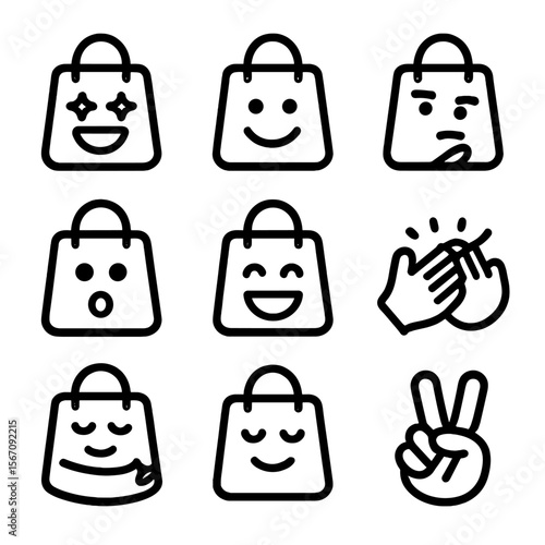 Shopping Emotions Icons. Solid, filled icon set of shopping emotions: excitement face, happy smile, thoughtful face, surprise,