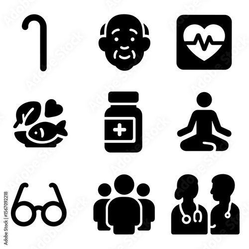 Healthy Aging Icons. Solid, filled icons set of healthy aging: walking cane, smiling elder, heart rate monitor