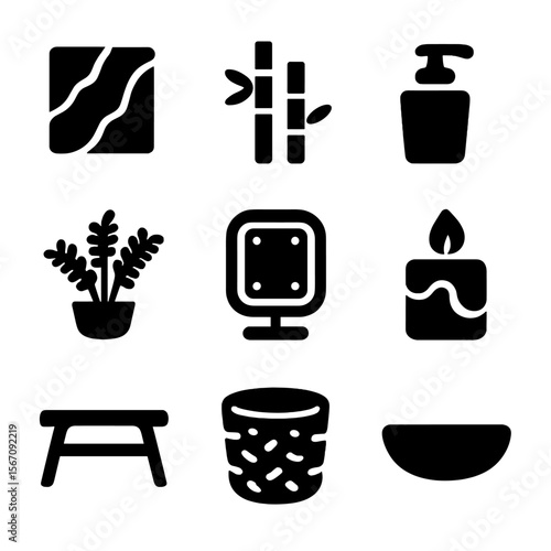 Modern Bathroom Icons. Solid, filled icon set of modern bathroom decor: marble tile, bamboo decor, soap dispenser, indoor fern,