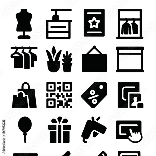 Shop Window Icons. Solid, filled icon set of shop window design elements: mannequin, spotlight, display shelf, promotional poster,