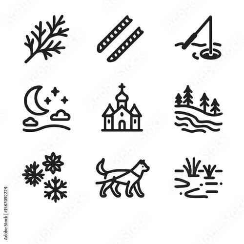 Siberia Icon Set. Solid, filled icon set of Siberia: frost-covered branch, snowmobile tracks, winter fishing, polar night, wooden