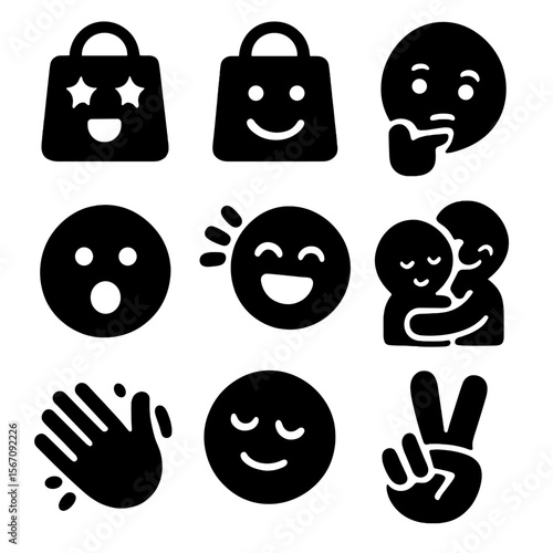 Shopping Emotions Icons. Solid, filled icon set of shopping emotions: excitement face, happy smile, thoughtful face, surprise,