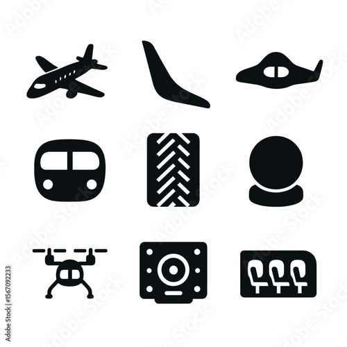 Modern Aircraft Icon Set. Solid, filled icon set of modern aircraft design: composite wing, sharklet, blended wing body, glass