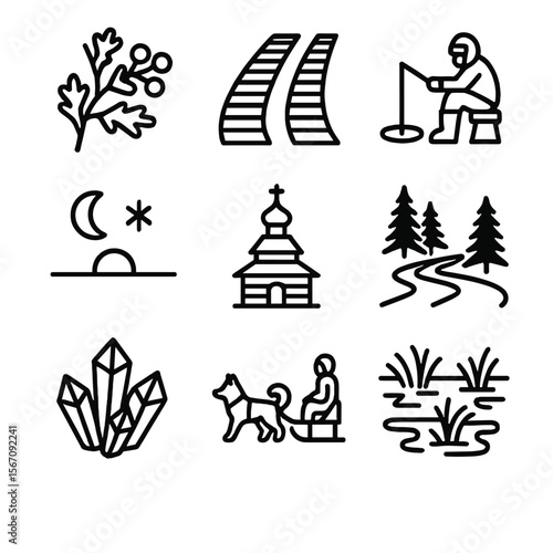 Siberia Icon Set. Solid, filled icon set of Siberia: frost-covered branch, snowmobile tracks, winter fishing, polar night, wooden
