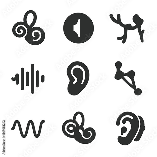 Hearing Sense Icons. Solid, filled icons set of hearing sense: cochlea, eardrum, auditory nerve, sound wave,