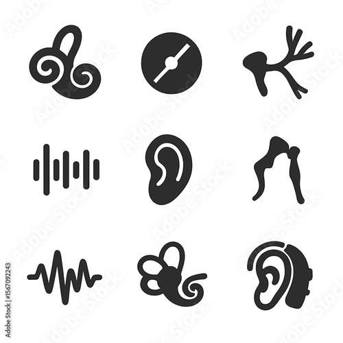 Hearing Sense Icons. Solid, filled icons set of hearing sense: cochlea, eardrum, auditory nerve, sound wave,