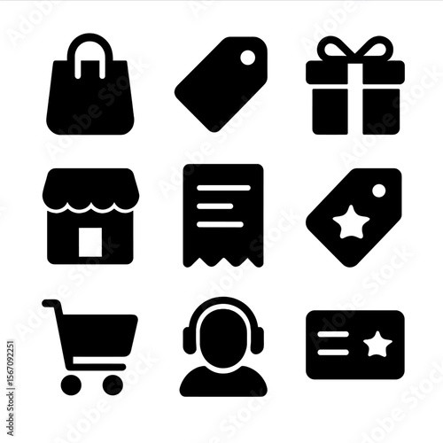 Shopping Icon Grid. Solid, filled icon set of handbag shopping: shopping bag, price tag, gift box, store, receipt, sale tag,