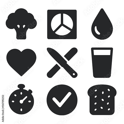 Healthy Meal Icons. Solid, filled icons set of healthy meal creation: vegetable icon, nutrition chart, olive