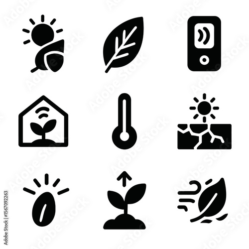 Heat-Resistant Crop Icons. Solid, filled icons set of heat-resistant crop traits: sunshield leaf, reflective