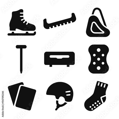 Skating Equipment Icons. Solid, filled icon set of skating equipment: ice skates, blade guard, skate bag, lacing tool, skate