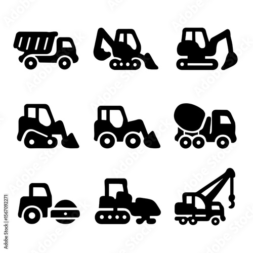 Heavy Equipment Icons. Solid, filled icons set of heavy equipment for road work: dump truck, backhoe,