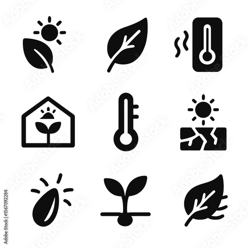 Heat-Resistant Crop Icons. Solid, filled icons set of heat-resistant crop traits: sunshield leaf, reflective