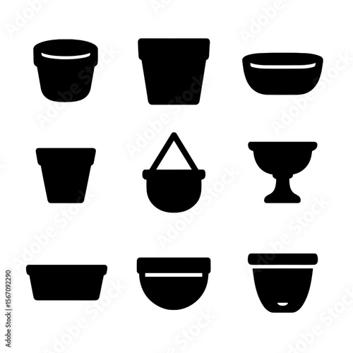 Pot Shape Icons. Solid, filled icon set of flower pot shapes: round pot, square pot, oval planter, tapered pot, hanging pot,