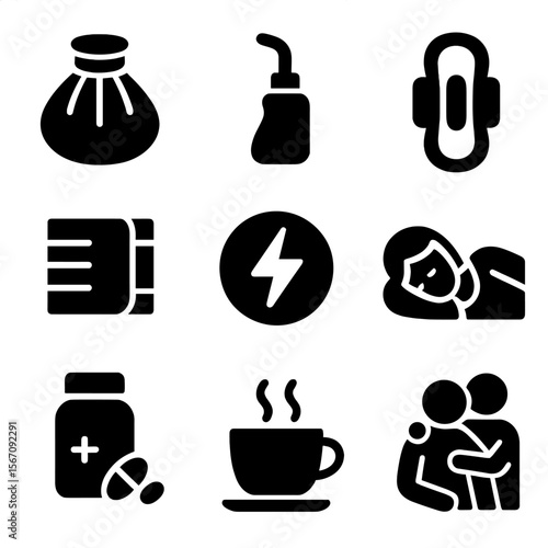 Postpartum Recovery Icons. Solid, filled icon set of postpartum recovery: ice pack, perineal bottle, maternity pad, belly binder,