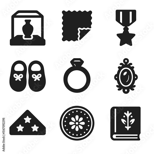 Heirloom Icon Collection. Solid, filled icons set of displaying heirlooms and keepsakes: glass case, fabric